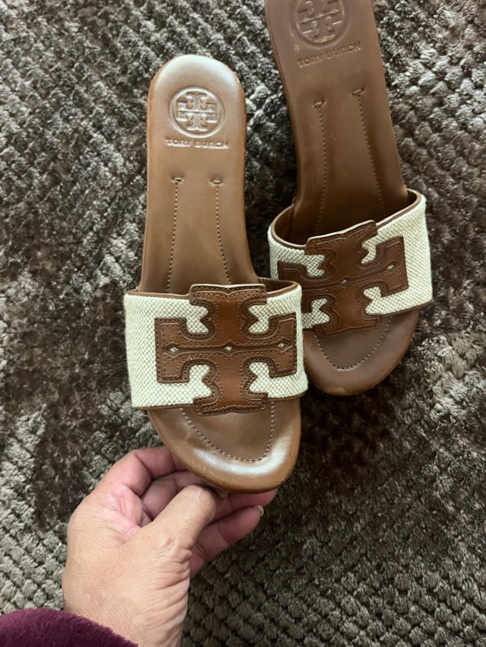 Tory Burch Brown Leather and Cream Canvas Logo Slide Mules - Picture 11 of 12